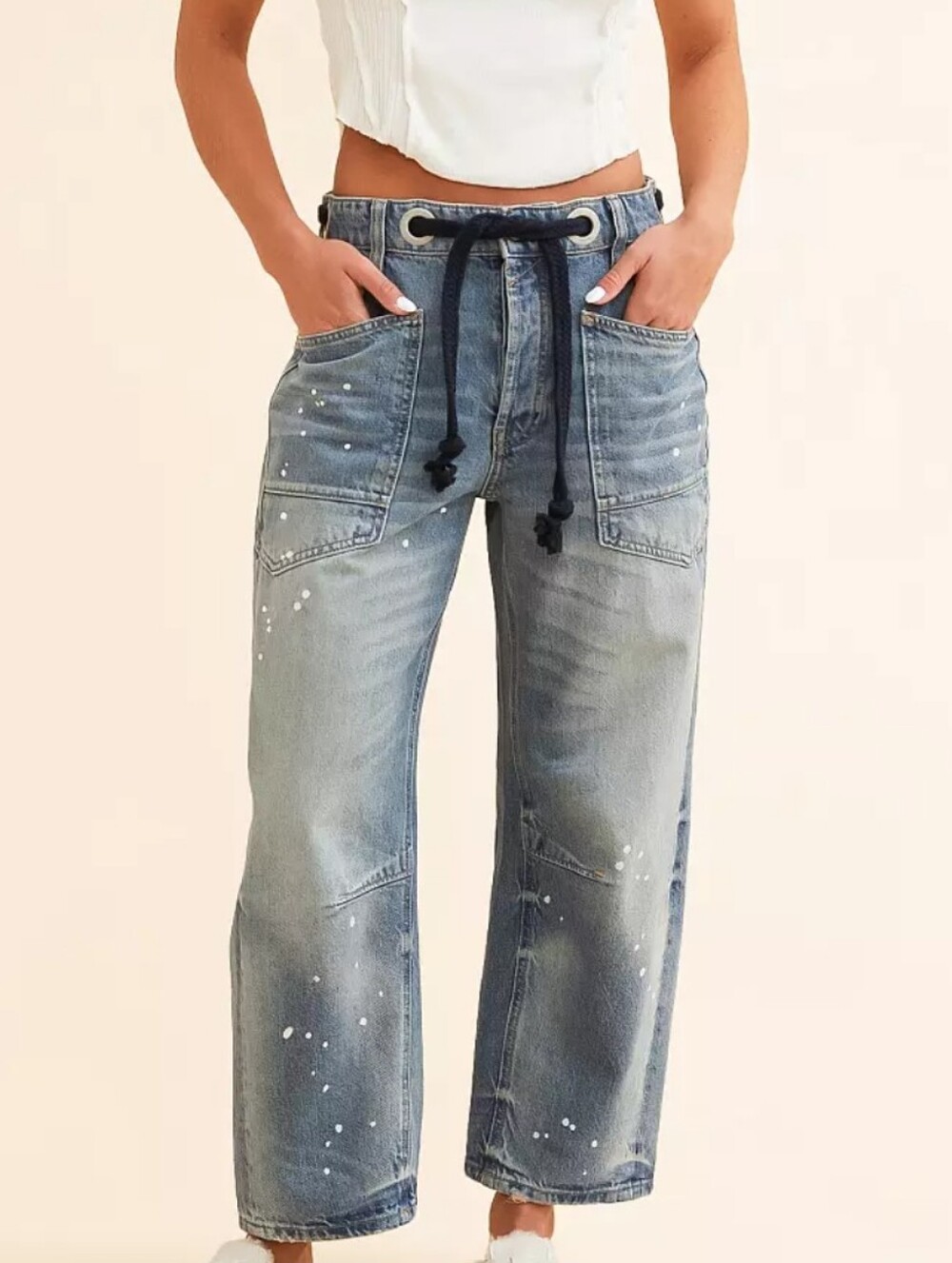 Free People Moxie Low Slung Paint Splatter Barrel Jeans 33 Long Artsy - Picture 2 of 13